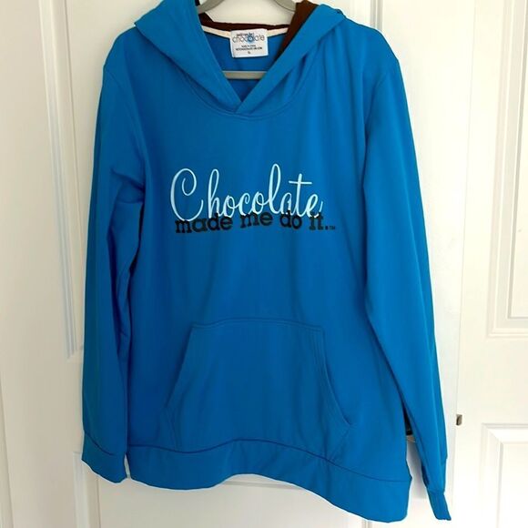 Chocolate Made Me Do it Pullover Hoodie Blue with Chocolate Pockets NWOT RARE - Picture 1 of 6